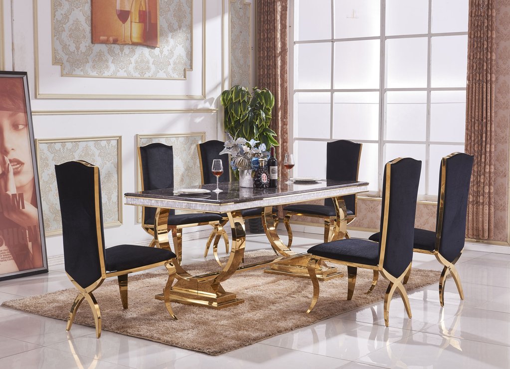 Modern Black Luxury Gold stainless steel 6 Seater Dining table with chair