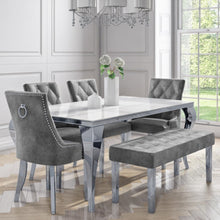 Load image into Gallery viewer, White marble Dining Table with 4 Grey Velvet Chairs &amp; 1 Bench
