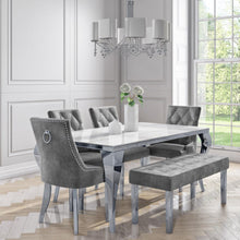 Load image into Gallery viewer, White marble Dining Table with 4 Grey Velvet Chairs &amp; 1 Bench
