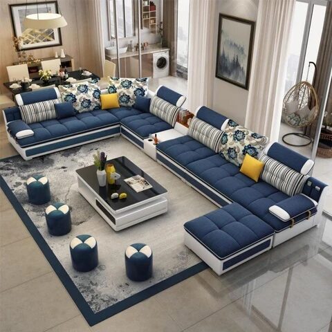 Luxury Modern U Shaped Leather Fabric Corner Sectional Sofa Set Design With Ottoman