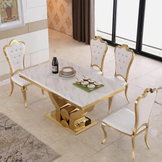 Modern Luxury Gold stainless steel 6 Seater Dining table with chair