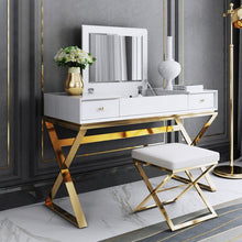 Load image into Gallery viewer, Drawer Wood Makeup Vanity Set with Mirror &amp; Stool X Base Stainless Steel in Gold
