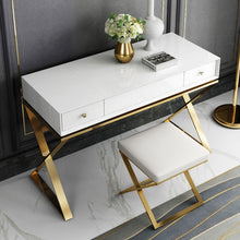 Load image into Gallery viewer, Drawer Wood Makeup Vanity Set with Mirror &amp; Stool X Base Stainless Steel in Gold
