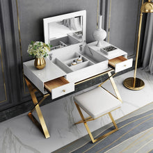 Load image into Gallery viewer, Drawer Wood Makeup Vanity Set with Mirror &amp; Stool X Base Stainless Steel in Gold
