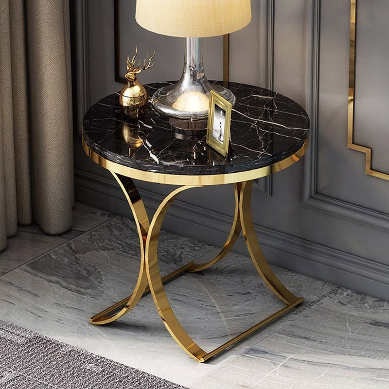 Modern Luxurious Round Black Faux Marble Side Table X-Base End Table in Gold