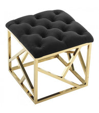 Load image into Gallery viewer, BLUE VELVET GOLD GEOMETRIC BASE OTTOMAN FOOTSTOOL
