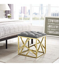 Load image into Gallery viewer, BLUE VELVET GOLD GEOMETRIC BASE OTTOMAN FOOTSTOOL
