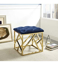 Load image into Gallery viewer, BLUE VELVET GOLD GEOMETRIC BASE OTTOMAN FOOTSTOOL
