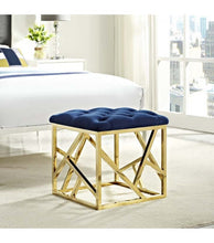 Load image into Gallery viewer, BLUE VELVET GOLD GEOMETRIC BASE OTTOMAN FOOTSTOOL
