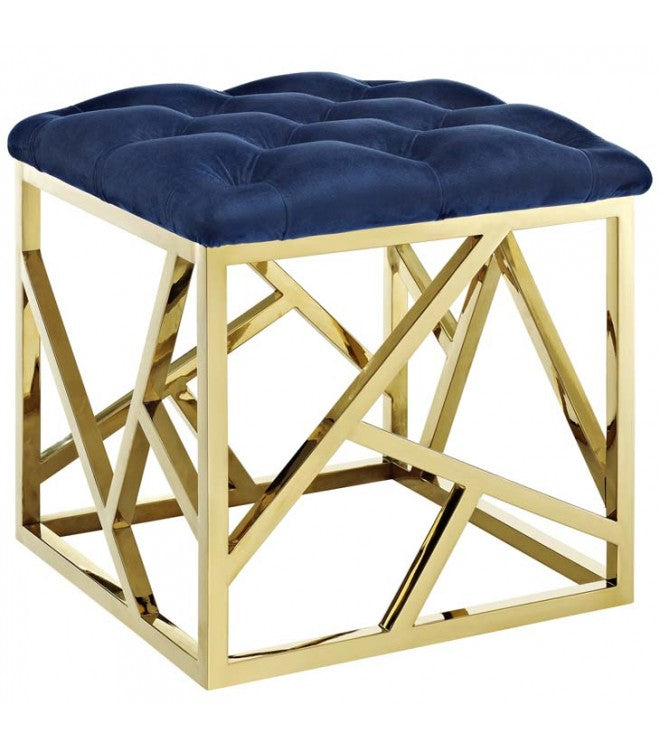 BLUE VELVET GOLD GEOMETRIC BASE OTTOMAN FOOTSTOOL