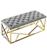 Load image into Gallery viewer, GREY VELVET LONG BENCH GOLD GEOMETRIC BASE
