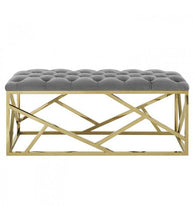 Load image into Gallery viewer, GREY VELVET LONG BENCH GOLD GEOMETRIC BASE
