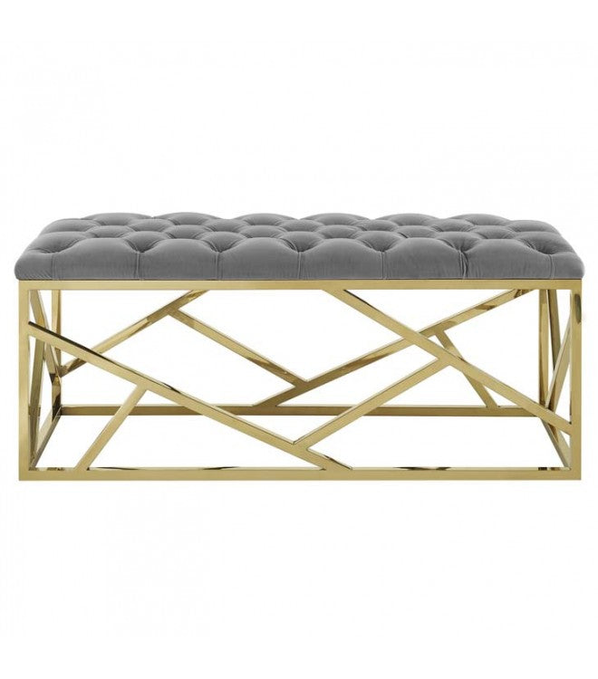 GREY VELVET LONG BENCH GOLD GEOMETRIC BASE