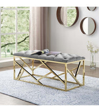 Load image into Gallery viewer, GREY VELVET LONG BENCH GOLD GEOMETRIC BASE
