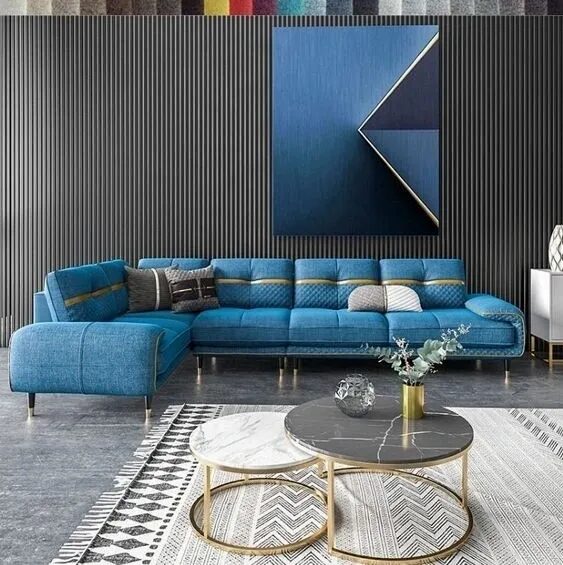 Blue fabric L type sectional sofa