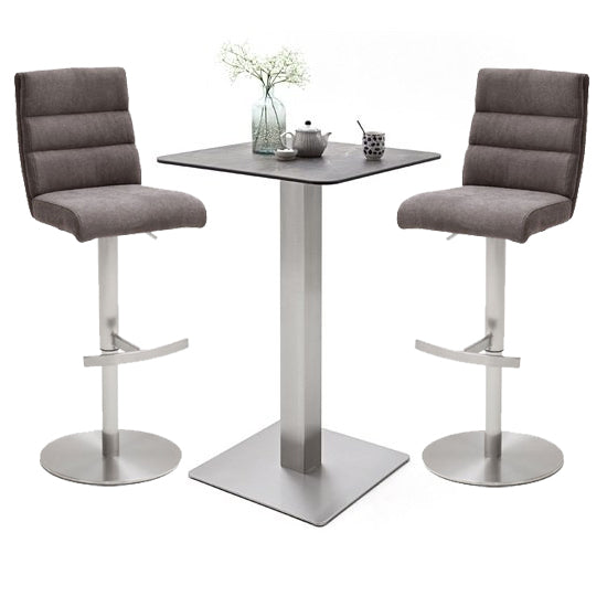 Soho Glass Bar Table With 2 Hiulia Brown Fabric Stools