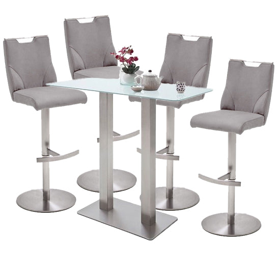 Soho White Glass Bar Table With 4 Jiulia Ice Grey Stools